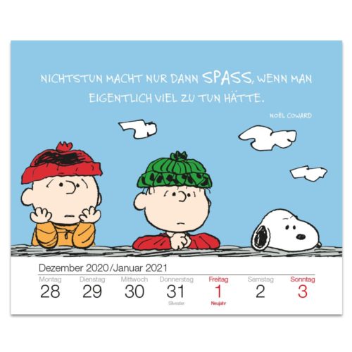 Peanuts-Figuren auf einem deutschen Kalenderblatt für Dezember 2020/Januar 2021 mit einem Zitat von Noël Coward.