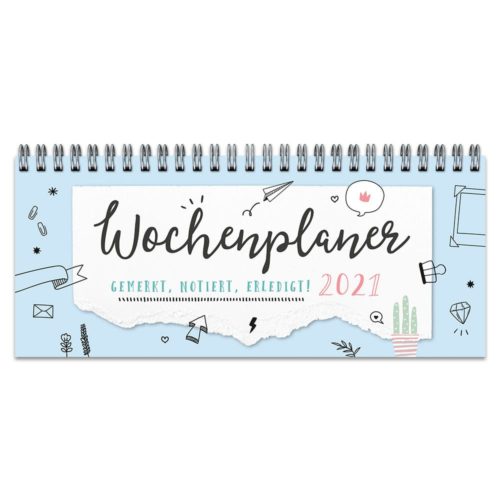 Wochenplaner 2021 mit Kritzeleien auf blauem Einband und dem deutschen Text „Wochenplaner“.