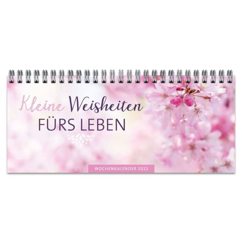Rosa Kalender mit Kirschblüten und deutschem Text „Kleine Weisheiten fürs Leben“.