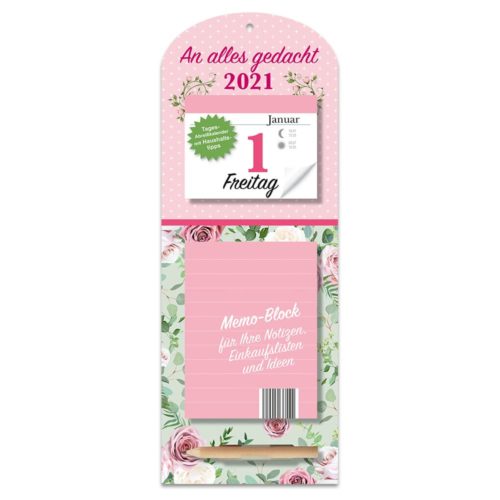 Floraler Kalender und Notizblock für 2021 mit rosa und grünem Design. Text auf Deutsch für tägliche Notizen und Erinnerungen.
