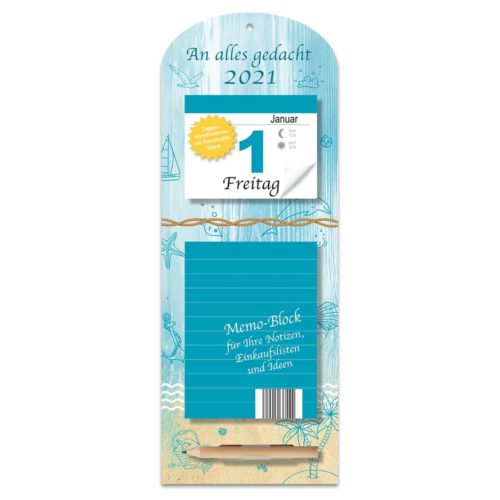 Memokalender 2021 mit einer Januarseite und einem blauen Notizblock auf einem Hintergrund mit nautischem Thema.