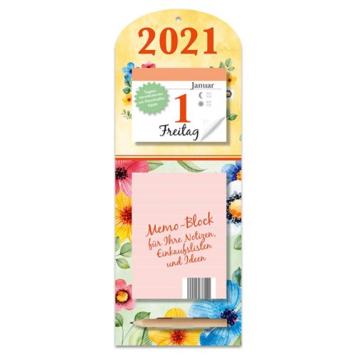 Farbenfroher Kalender 2021 mit Blumen und einem Notizblock für Notizen, Listen und Ideen.