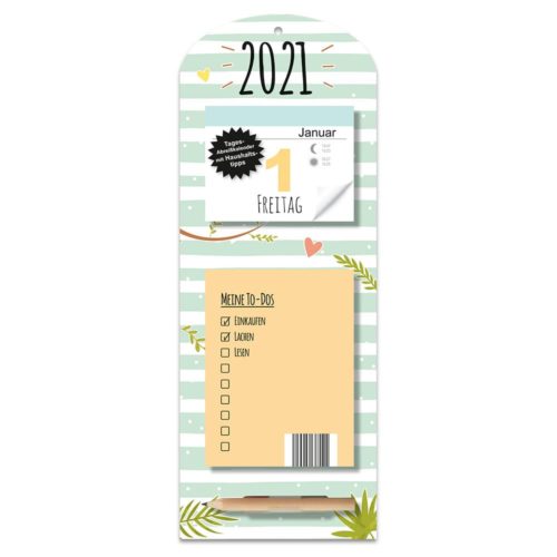 Kalender 2021 mit To-Do-Liste und dekorativen Blättern auf grün gestreiftem Hintergrund.