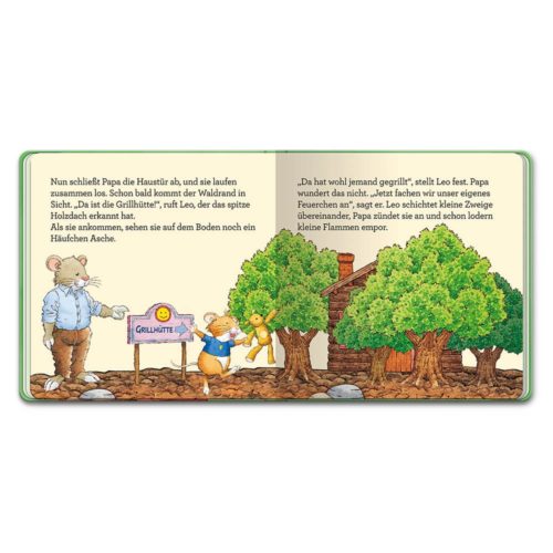 Illustriertes Kinderbuch, das Personen neben einem Schild mit der Aufschrift „Grillhütte“ und einer von Bäumen umgebenen Hütte zeigt.