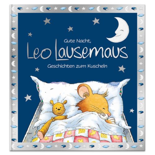 Illustriertes Buchcover einer Maus und eines Teddybären, die unter einem sternenklaren Nachthimmel mit Halbmond schlafen.