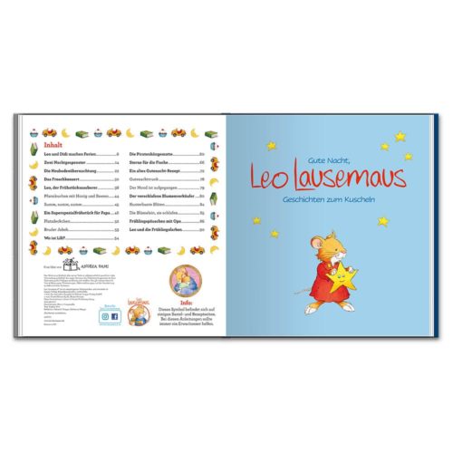 Kinderbuch mit dem Titel „Gute Nacht, Leo Lausemaus“ mit einer Maus, die einen Stern hält.