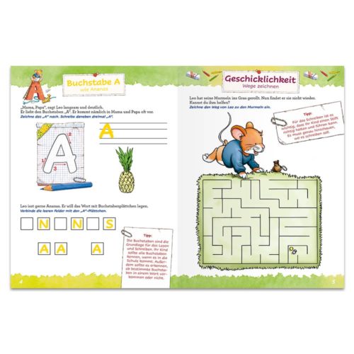 Kinder-Aktivitätsbuch mit Buchstabennachzeichnen und einem Labyrinth mit einer Zeichentrickmaus.