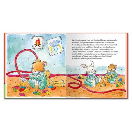 Illustrierte Kinderbuchseite mit Tieren, die mit Bauklötzen spielen und lesen. Text in Deutsch.