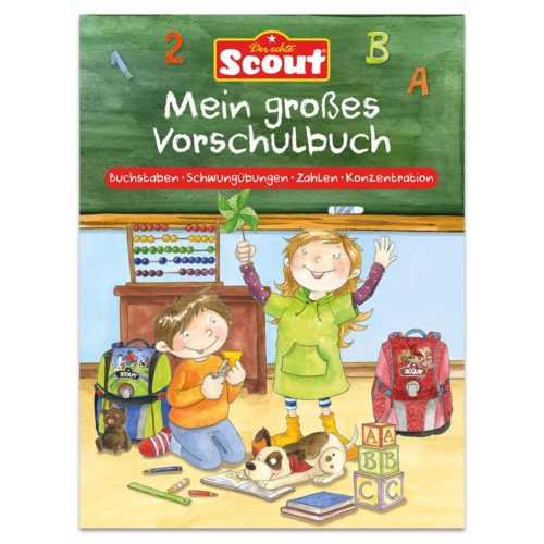 Buchcover für Kinder mit zwei spielenden und lernenden Kindern. Zu sehen sind bunte Rucksäcke und Bauklötze.