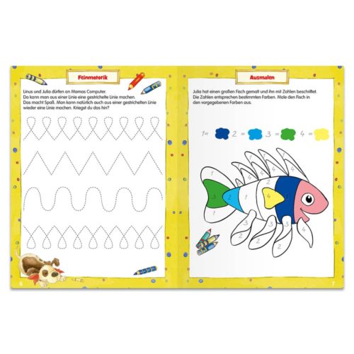 Eine Aktivitätsbuchseite für Kinder mit Strichzeichnung und einer Fisch-Ausmalaktivität nach Zahlen.