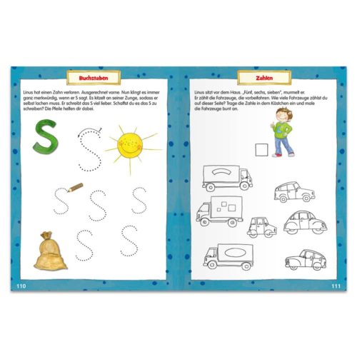 Kinderarbeitsheftseiten mit Sonne, Schnecke, Blatt und verschiedenen Fahrzeugen zum Buchstaben nachzeichnen und Zahlen zählen.