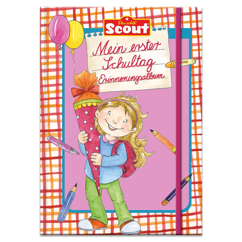 Buntes Kinderbuchcover mit einem Mädchen, das eine Schultüte hält. Titel auf Deutsch: „Mein erster Schultag Erinnerungsalbum.