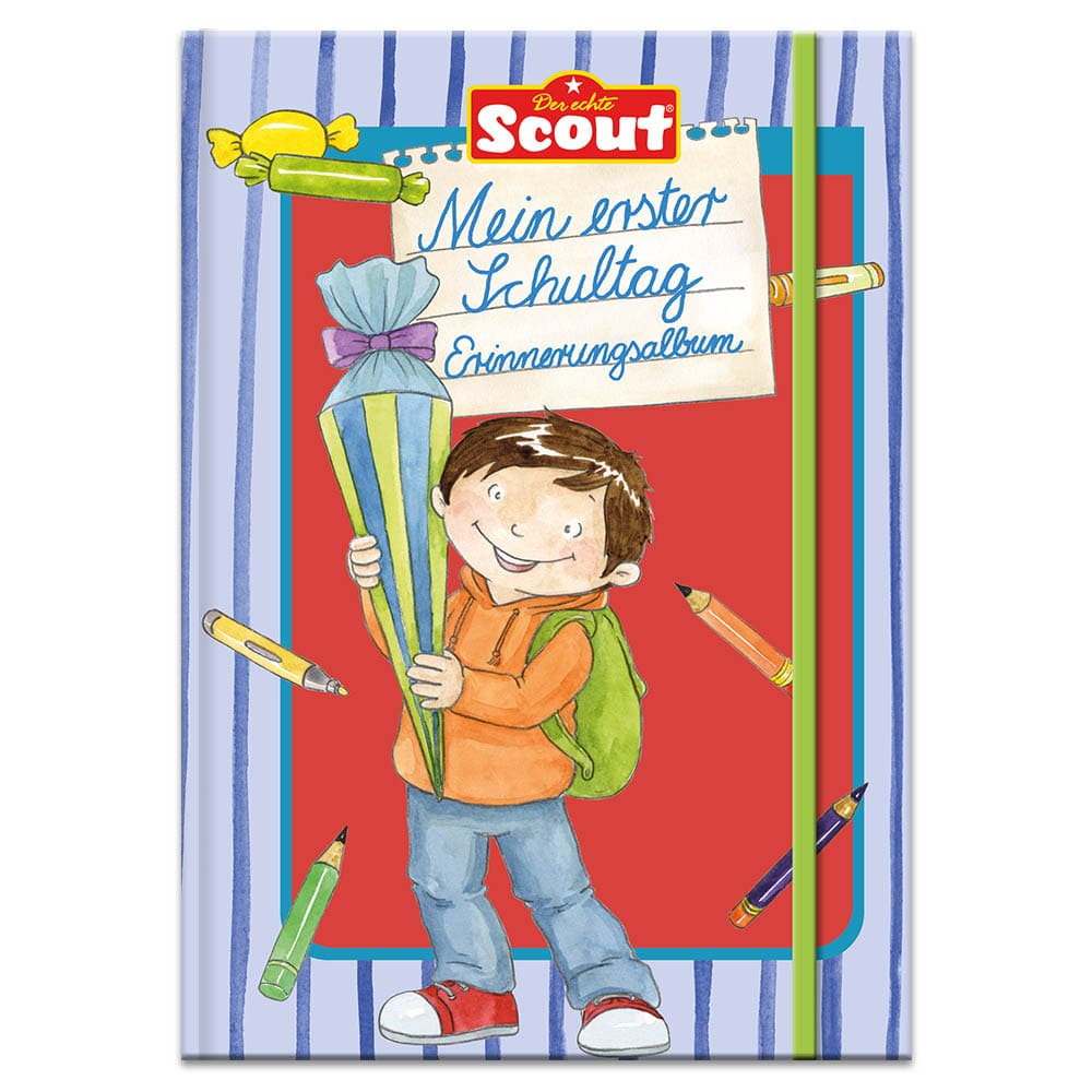 Illustration eines Kindes mit Rucksack und Schultüte auf dem Cover eines deutschen Erinnerungsalbums.