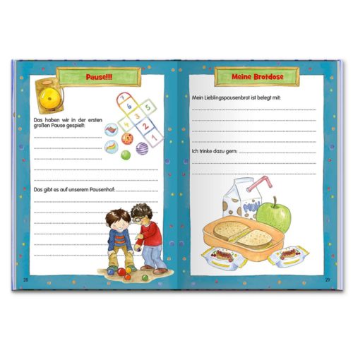 Kinder-Aktivitätenbuch mit farbenfrohen Illustrationen und Platz zum Aufschreiben von Snacks und Spielaktivitäten.
