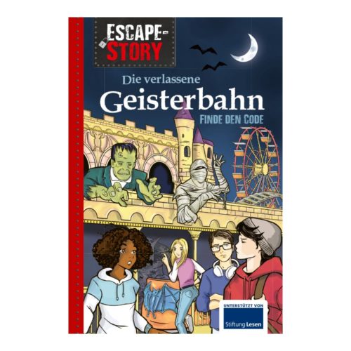 Buchcover mit Comicfiguren, einem Riesenrad und dem Titel „Die verlassene Geisterbahn.“
