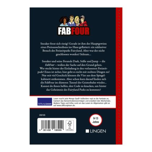 Buchcover von „Fab Four“ mit illustrierten Figuren und einer Beschreibung zum Thema Mystery. Geeignet für Kinder im Alter von 9 bis 13 Jahren.