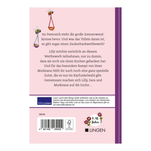 Rückseite eines Kinderbuchs mit Text und Abbildungen von Gegenständen zum Thema Feen.