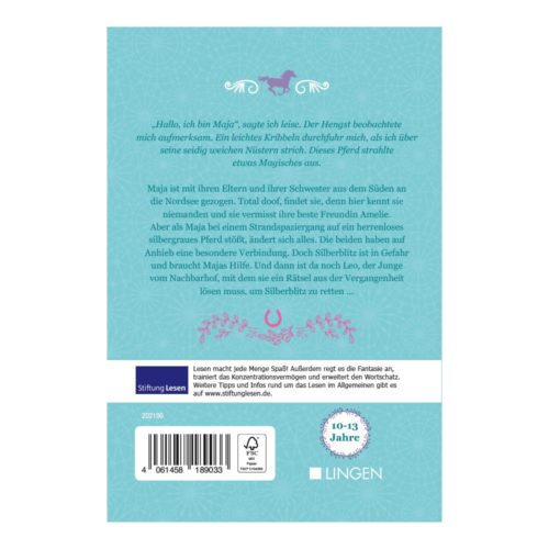 Buchcover mit deutschem Text, blauem Hintergrund und kleinen rosa Designelementen. Geeignet für 10-13-Jährige.