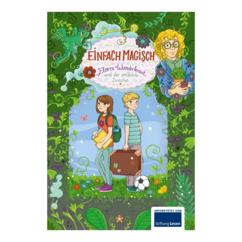 Farbenfroher Buchumschlag mit zwei Taschen tragenden Kindern, umgeben von zauberhaften Pflanzen und einem Drachen.