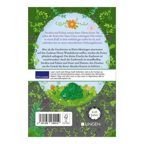 Illustrierter Buchumschlag mit einem Drachen in einem Garten, umgeben von floralen Mustern und deutschem Text.