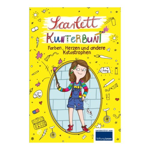 Illustriertes Mädchengemälde an einer Wand mit bunten Kritzeleien um sie herum und deutschem Text auf einem leuchtend gelben Umschlag.