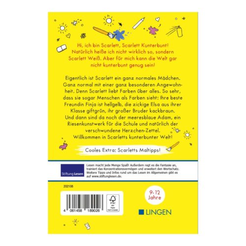 Farbenfroher Buchumschlag mit Text auf Deutsch und Abbildungen von Schulmaterialien und Kritzeleien. Geeignet für Kinder im Alter von 9 bis 12 Jahren.