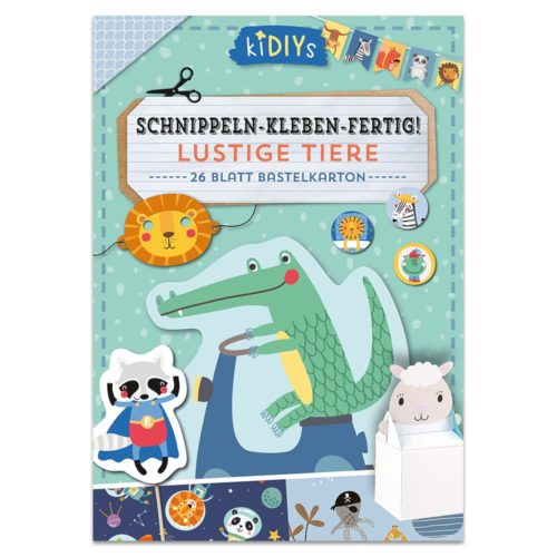 Buchumschlag zum Basteln für Kinder mit Comic-Tieren in Pastellfarben, darunter ein Krokodil, ein Löwe und ein Panda.