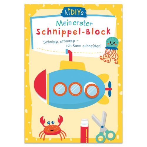 Farbenfroher Umschlag für ein Kinderbastelbuch mit einem U-Boot, einer Krabbe, einer Schere und lächelnden Meeresbewohnern.
