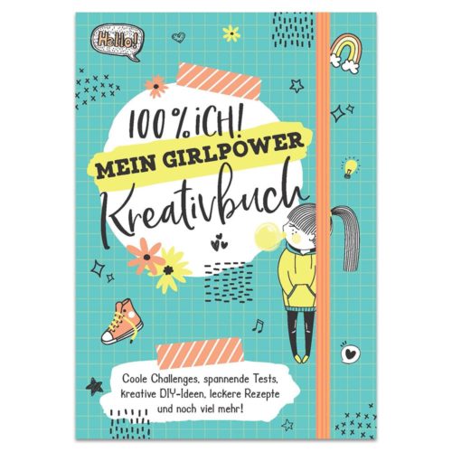 Farbenfroher Buchumschlag mit dem Motiv „Mein Girlpower Kreativbuch“ mit Mädchenillustrationen, Icons und Mustern.