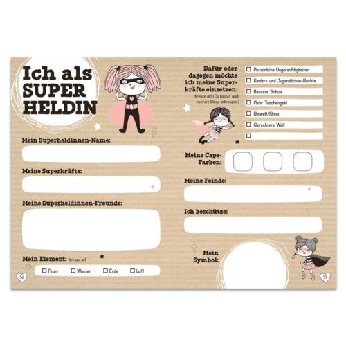 Fragebogen zum Thema Superhelden mit verschiedenen Feldern und Abbildungen eines Mädchens mit Umhang und Superheldenkostüm.