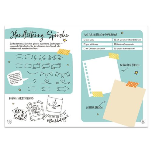 Handlettering-Anleitung mit Beispielen, Tipps und Platz für persönliche Notizen auf blaugrünem und weißem Hintergrund.