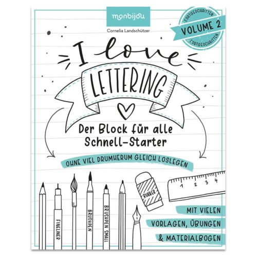Cover eines Lettering-Ratgebers mit Zeichentools und deutschem Text zum schnellen Einstieg mit Vorlagen und Übungen.