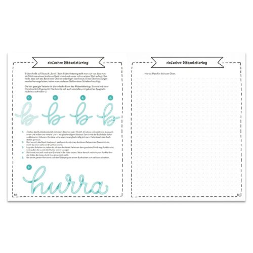 Öffnen Sie das Arbeitsbuch mit den Übungen zum Ribbon Lettering sowie Anweisungen und einer gepunkteten Leitseite.