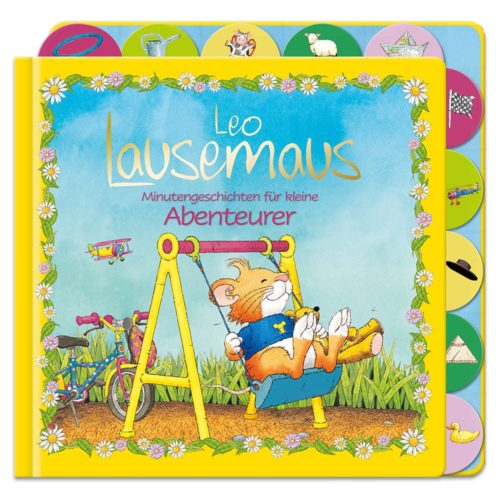 Buntes Kinderbuchcover mit einer Maus auf einer Schaukel. Titel: „Leo Lausemaus – Minutengeschichten für kleine Abenteurer“.