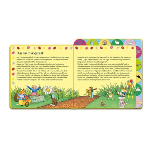 Illustrierte Kinderbuchseiten mit einer Geschichte in deutscher Sprache und bunten Zeichnungen von Tieren und Frühlingsszenen.