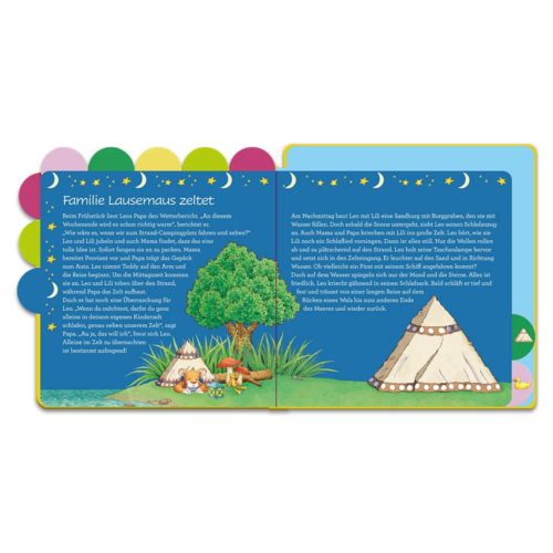 Kinderbuchseiten mit einer Geschichte und Illustrationen von Zelt, Lagerfeuer und Bäumen unter einem Sternenhimmel.