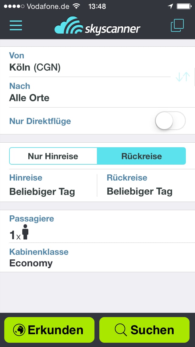 Skyscanner Flüge – Screenshot iPhone