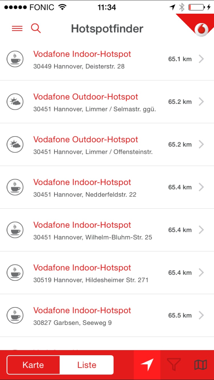 Vodafone Hotspotfinder – Screenshot iPhone