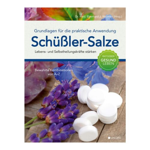 Buchcover mit dem Titel „Schüßler-Salze“ mit weißen Tafeln und bunten Blumen.