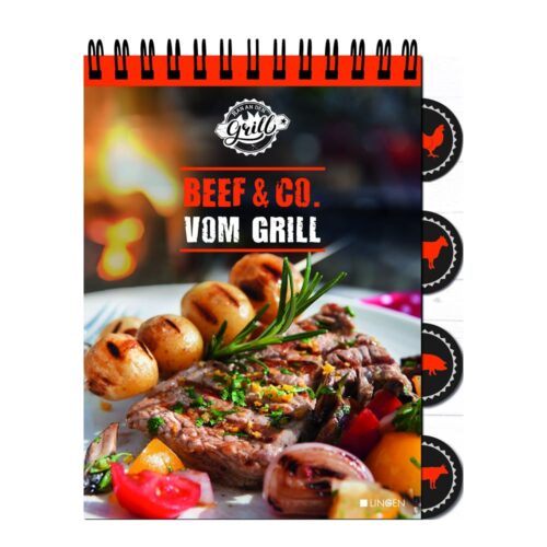 Grillkochbuch mit gegrilltem Steak, Gemüse und Text „Beef & Co. vom Grill“ auf dem Cover.