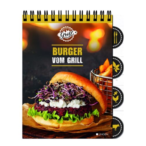 Kochbuchcover mit einem Burger voller Gemüse und Käse, dazu knusprige Pommes in einem Korb.