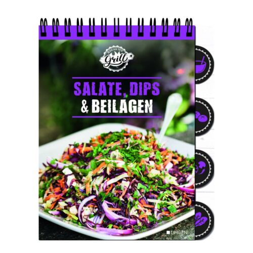 Spiralgebundener Kochbuchumschlag mit einem bunten Salat und dem Text „Grill: Salate, Dips & Beilagen.“