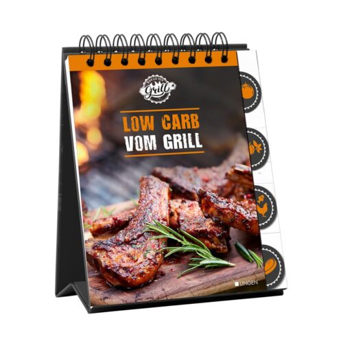 Kochbuch mit dem Titel „Low Carb Vom Grill“ mit Grillfleisch auf dem Cover.