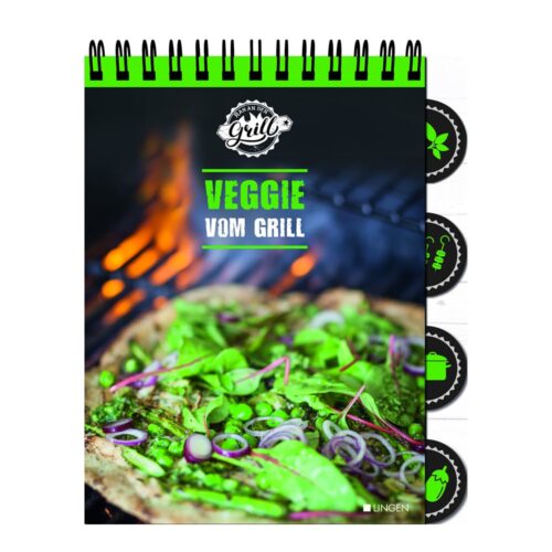 Kochbuch mit gegrillter vegetarischer Pizza auf dem Cover, mit dem Titel „Veggie vom Grill“.