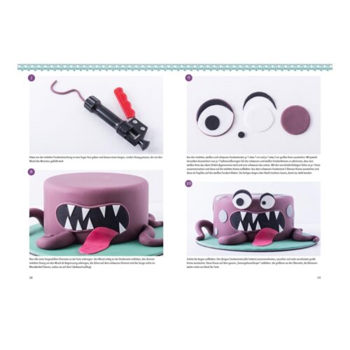 Schritt-für-Schritt-Anleitung zum Backen einer Torte mit Tintenfischmotiv mit Fondant und Dekorationswerkzeugen.