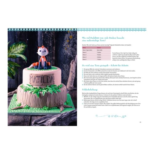 Ein dekorierter Kuchen mit einer Fuchsfigur oben drauf und einem Text zur Herstellung des Kuchens auf der rechten Seite.