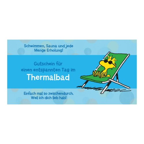Cartoon-Hund entspannt auf einem Liegestuhl mit Text zu einem Thermalbad-Gutschein auf Deutsch.