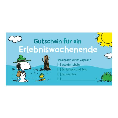 Cartoon-Hund mit Campingausrüstung auf einem Geschenkgutschein für ein Abenteuerwochenende in Deutsch.