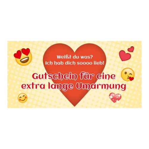 Gutschein mit großem Herz und Emojis, Text: „Gutschein für eine extra lange Umarmung“ auf Deutsch.