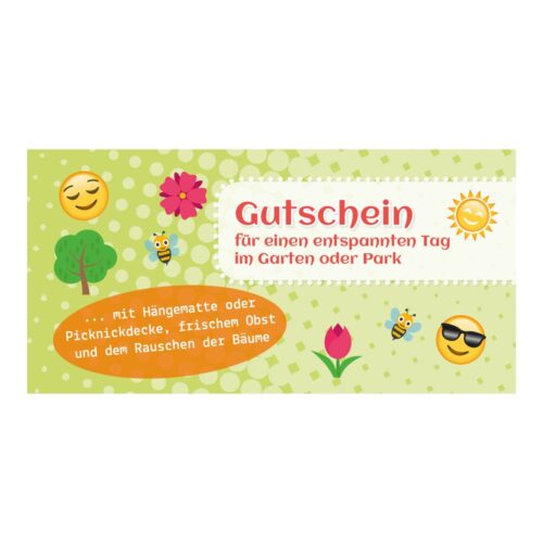 Geschenkkarte mit Emojis und deutschem Text für einen entspannten Tag im Garten oder Park.